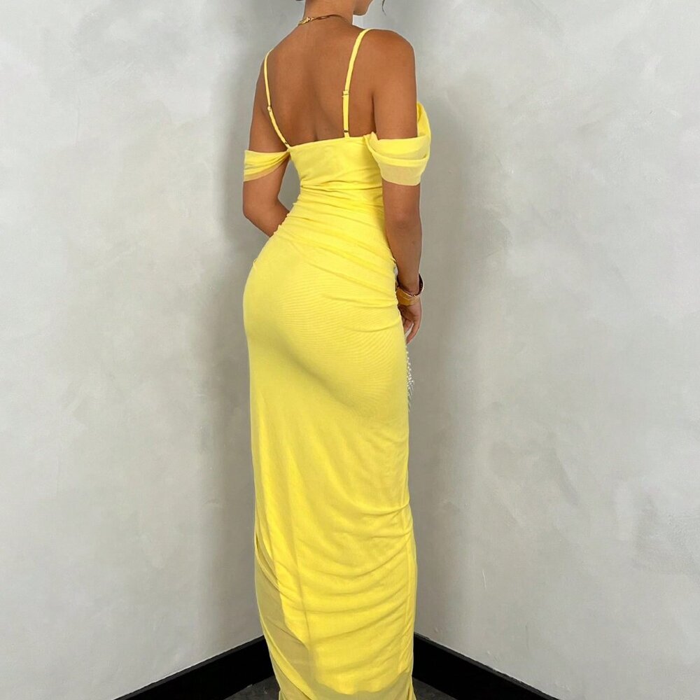 Yellow Women's Summer Solid Color Draped Neck Ruffle Strap Dress - Picture 2 of 4